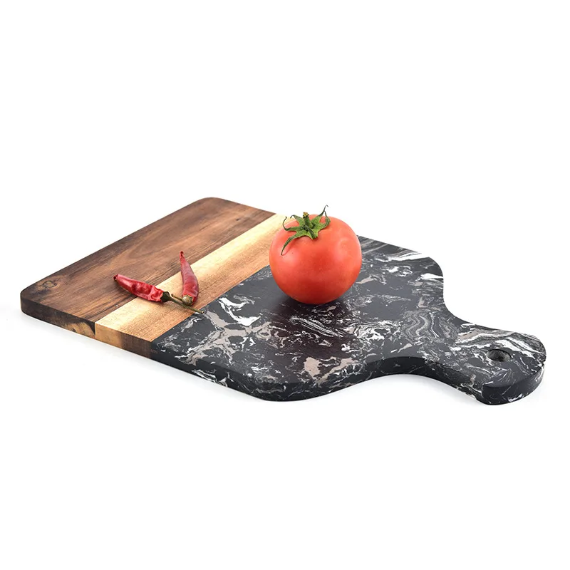 アカシア材を使用した、取っ手付きの大理石調キッチン用まな板。 - Marble Serving Board のレビューと価格